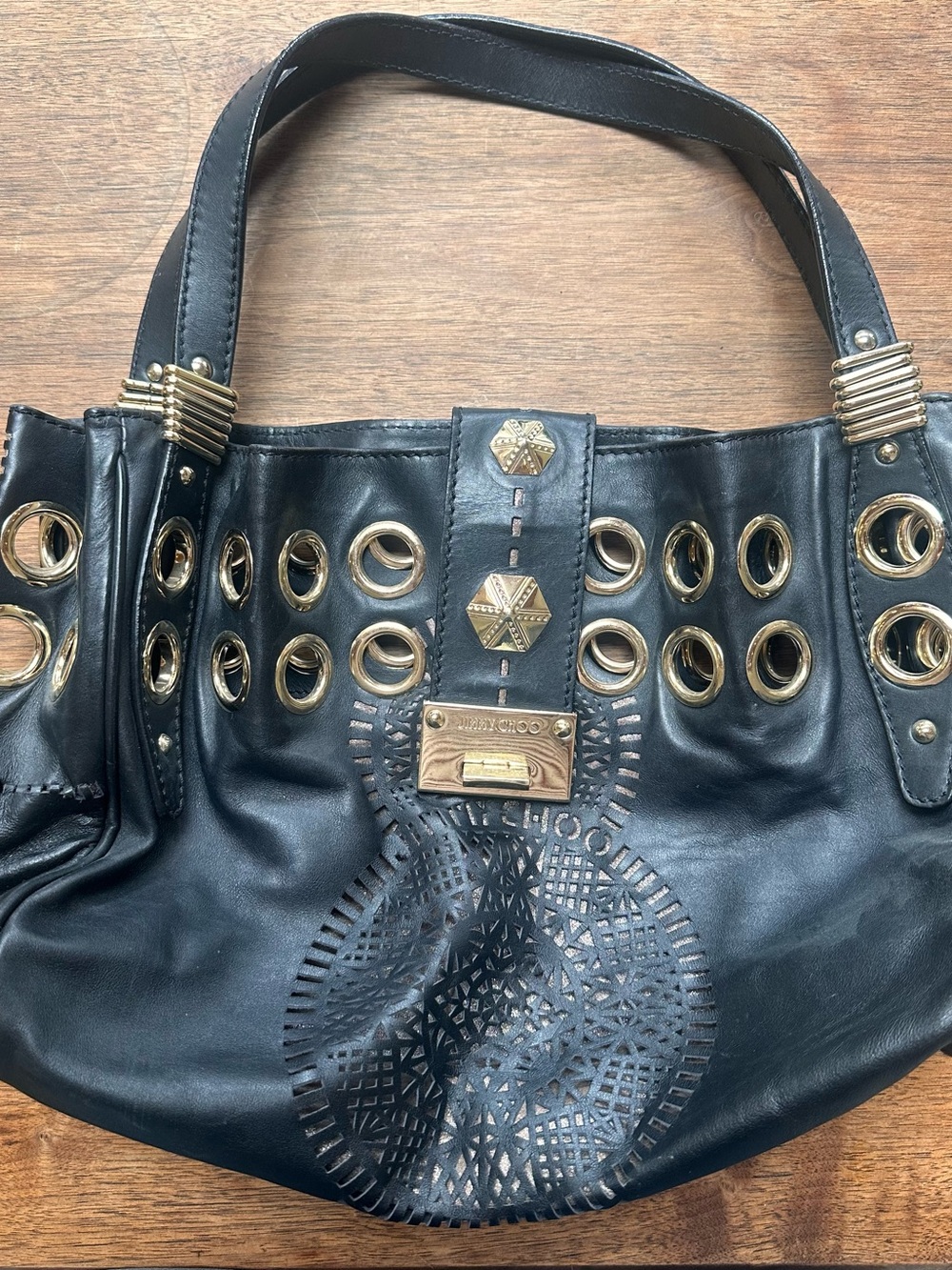 Black Leather Shoulder Bag marked Jimmy Choo with Gold Hardware